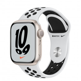 Apple Watch Series 7 Nike, 41 мм, цвета сияющая звезда, спортивный браслет цвета чистая платина чёрный